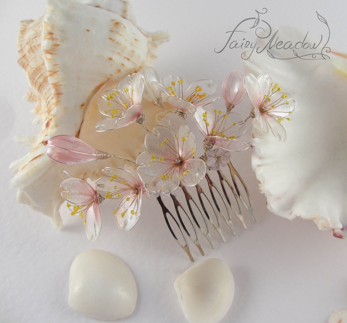 Pink Silver Sakura Hair Comb Sakura Japanese Kanzashi