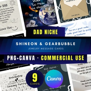 Carte à message bijoux de niche pour la fête des pères et des pères pour les projets ShineOn GearBubble - ensemble de 9 cartes PNG et modèle canva modifiable - usage commercial