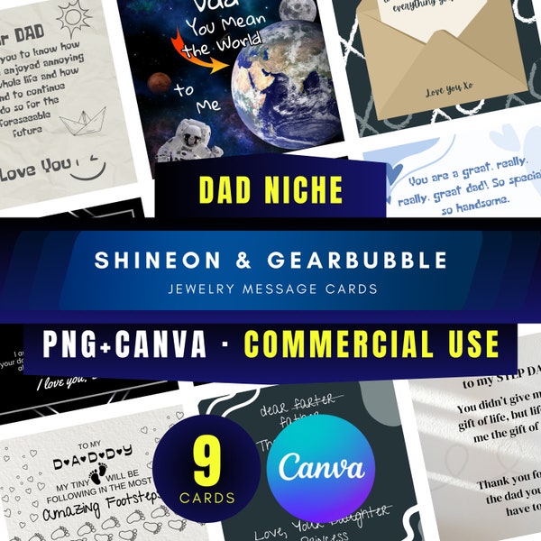 Dad & Father's Day Niche Jewelry Message Card for ShineOn GearBubble Projects - 9 Cards Set PNG and Editable Canva Template - Commercial Use