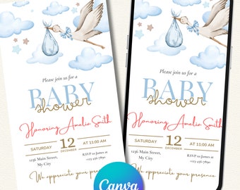 Stork Baby Shower Invite - Editable Canva Template for Boys - Digital Babyshower Evite - Smartphone Invitation - Editable Canva Template