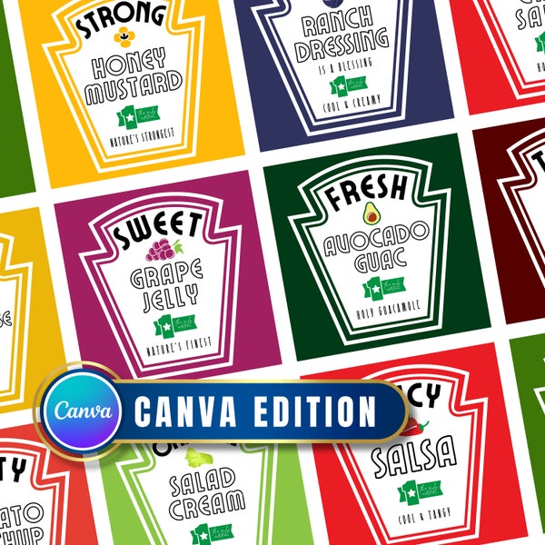 Condiment Labels Canva Edition - Editable [Read Description] - Template of Ketchup Mayo Chili BBQ Sauce etc Labels for T-Shirts and Merch