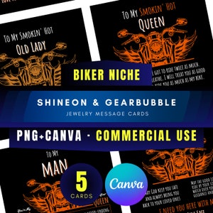 バイカー ニッチ ジュエリー メッセージ カード (ShineOn および GearBubble プロジェクト用) 5 枚パック PNG および編集可能な Canva テンプレート - 商用利用