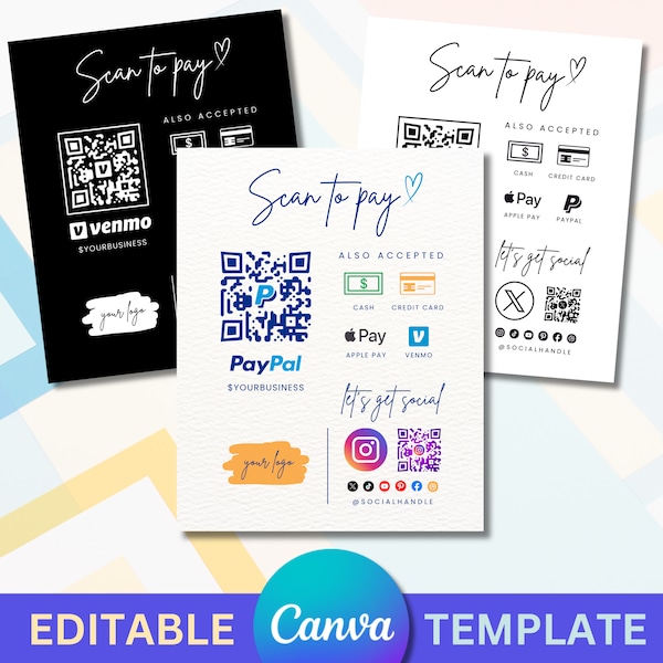 Editable QR Code Payment Sign - Canva Template - Venmo, PayPal, Cash App - Scan to Pay Printable - Digital Download