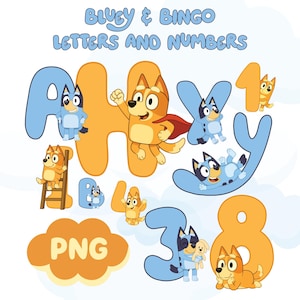 Bluey Bingo lettres chiffres PNG Bundle, Bluey Party PNG polices de caractères, Clipart Alphabet pour invitations d'anniversaire bricolage, cartes, Cricut et travaux manuels sur toile