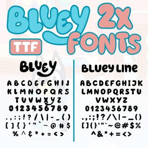 2 x Bluey-lettertype TTF, op Bluey geïnspireerde feestlettertypen voor Cricut, Procreate, Canva, installeerbare TrueType-lettertypen met letters, cijfers en symbolen