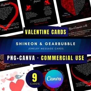 ShineOn および GearBubble プロジェクト向けバレンタインデー ジュエリー メッセージ カード - 9 枚のカードのセット PNG および編集可能な Canva テンプレート - 商用利用