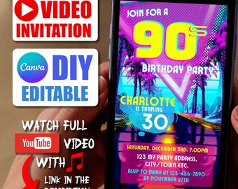 90s Party Invite Editable Personalized 30th Birthday 90's Style Video Invitation DIY Canva Template Custom Animated Phone Invite