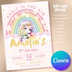 Invito di compleanno unicorno - Modello canva modificabile - Invito festa a tema margherita - Arcobaleno rosa pastello - Festa di compleanno per ragazze stampabile