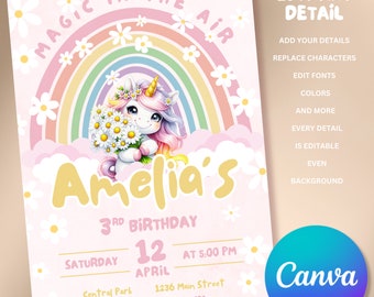 Unicorn Birthday Invitation - Editable Canva Template - Daisy Theme Party Invite - Pastel Pink Rainbow - Girls Birthday Party Printable