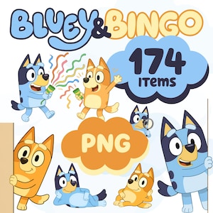 Bluey & Bingo Character SET PNG Bundle mit 174 Posen Bluey und Bingo Png Cricut Bluey Clipart Party Pack für Bluey DIY Crafts Blue Dog Bundle