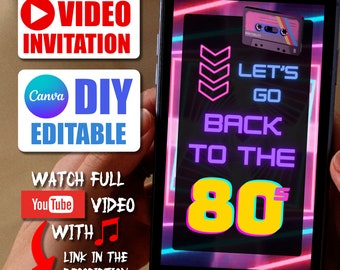 80s Party Invite Editable Personalized 40th Birthday Neon Style Video Invitation DIY Canva Template Custom Animated Phone Invite