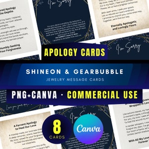 Excuses Niche Sieraden Berichtkaarten voor ShineOn- en GearBubble-projecten 8-kaartenset PNG en bewerkbare Canva-sjabloon - Commercieel gebruik