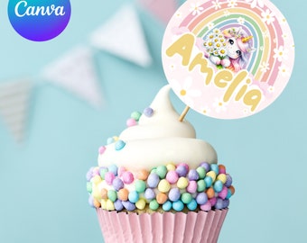 Editable Unicorn Cupcake Toppers - DIY Girl Birthday Decor - Canva Template for Cake Decorations - Daisy & Rainbow Unicorn Design