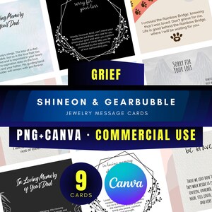 Tarjeta de mensaje de joyería de duelo y luto para proyectos ShineOn GearBubble Paquete de 9 tarjetas PNG y plantilla Canva editable - Uso comercial