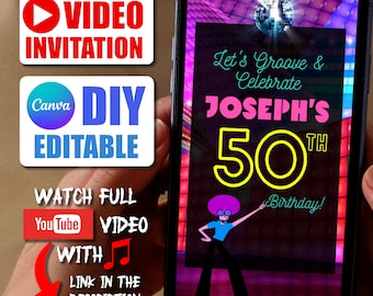 70s Party Invite Editable Personalized 50th Birthday Disco Style Video Invitation DIY Canva Template Custom Animated Phone Invite