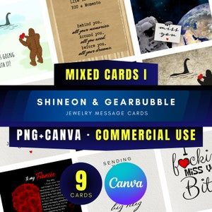 Cartões de mensagem de joias de nichos mistos, incluindo melhor amiga, noiva, relacionamentos - 9 cartões PNG e modelo Canva editável - uso comercial