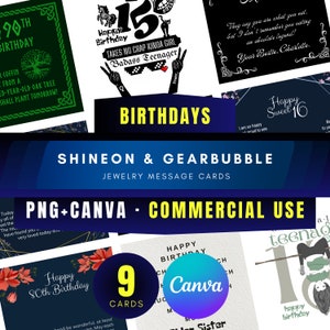 Cartes à message pour bijoux d'anniversaire Evergreen PNG et modèle canva modifiable - usage commercial - idéal pour les projets ShineOn et GearBubble