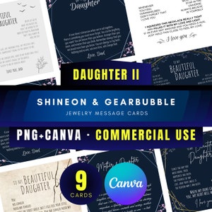 Cartão de mensagem de joias para projetos ShineOn GearBubble em nicho filha - pacote de 9 cartões PNG e modelo Canva editável - uso comercial