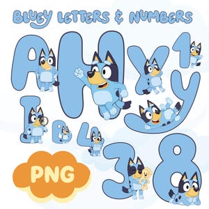 Pacote de letras e números em PNG, conjunto de fontes em PNG para festa em Bluey, clipart do alfabeto em Bluey para convites de aniversário DIY, cartões, artesanato em Cricut e Canva