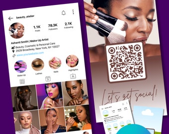 Instagram Influencer QR Code Business Card - Canva Editable Template - Mua, Lash, Skincare, Beauty Branding - DIY IG Business Card Design