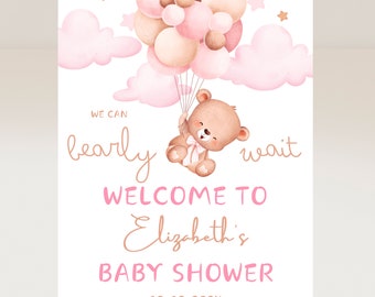 Bearly Wait Baby Girl Shower Welcome Sign, Editable Canva Template, Bear Shower Poster, Customizable Baby Shower Printable, Instant Download