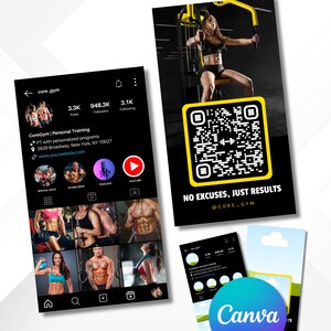 Gym Fitness Instagram Visitenkarte Canva Vorlage - DIY bearbeitbare Social Media Influencer Karte - QR Code Werbeartikel - Business QRcode