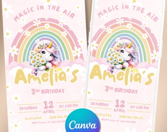 Editable Unicorn Daisy Birthday Digital Invitation - Pink Pastel Rainbow Invite - Mobile Evite for Girls Birthday Party - DIY Canva Template