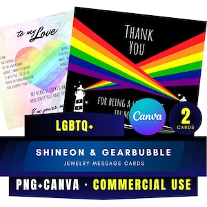 Cartões de mensagem de joias LGBTQ + para projetos ShineOn e GearBubble - Cartões Rainbow Pride 2 PNG e modelo editável do Canva - Uso comercial
