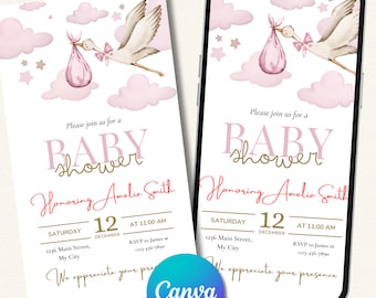 Digital Girl Shower Invitation for Smartphones - Stork Baby Shower Invite - Canva Editable Template - Customizable Phone Babyshower Evite