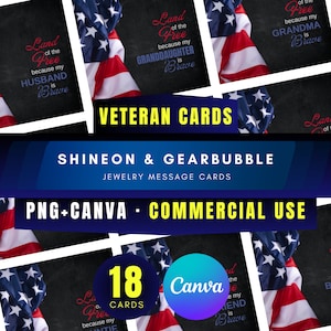 ShineOn および GearBubble プロジェクト向けの退役軍人をテーマにしたジュエリー メッセージ カード 18 枚のカードのバンドル PNG および編集可能な Canva テンプレート - 商用利用