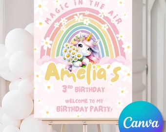 Unicorn Daisy Welcome Sign - Editable Canva Templates - Girl's Birthday Party Decor - Rainbow Unicorn Personalized Poster - Digital Download