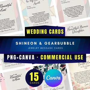 ShineOn および GearBubble プロジェクト向けのウェディング ニッチ ジュエリー メッセージ カード 15 枚のバンドル PNG および編集可能な Canva テンプレート - 商用利用