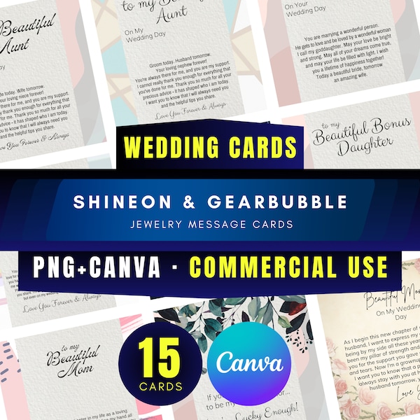 Wedding Niche Jewelry Message Cards for ShineOn and GearBubble Projects Bundle of 15 Cards PNG and Editable Canva Template - Commercial Use