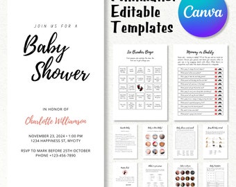 Minimalist Baby Shower Bundle - Editable Canva Template - Neutral Baby Shower Games and Invites - Modern Minimal Baby Shower Printables