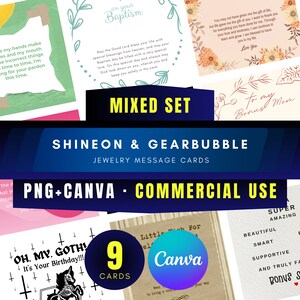 ShineOn と GearBubble 向けの多様なニッチ ジュエリー メッセージ カード - 9 枚のカードのセット PNG と編集可能な Canva テンプレート - 商用利用