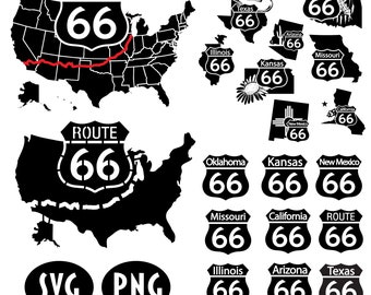 Route 66 Map SVG PNG Bundle of 19 Items Digital File Route 66 Vector Clipart Instant Download