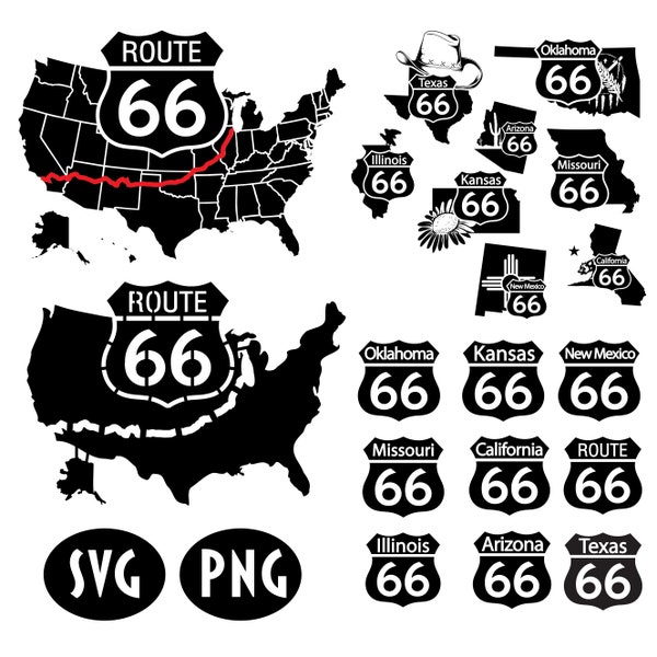 Route 66 Karte SVG PNG Bundle mit 19 Artikel Digitale Datei Route 66 Vektor Clipart Sofort Download