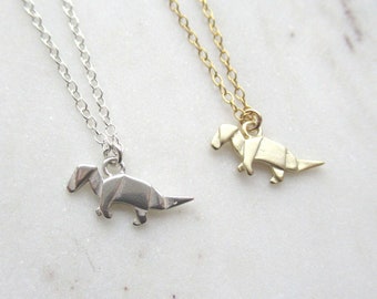 Gold T-rex necklace, Sterling silver T-Rex , tiny dinosaur necklace, origami Trex, tyrannosaurus rex, dinosaur jewelry, dainty necklace