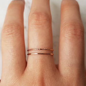 Ultra thin rose gold ring, set of 2//14k rose gold fill ring, hammered rose gold ring, lined ring, stacking rings, dainty ring, delicate