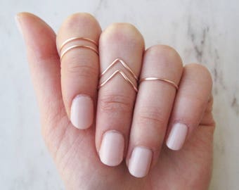 Rose Gold Knuckle Rings// Midi Ring, Stacking Ring, Band Style, Chevron, v shaped ring, Adjustable,Rose Gold Ring Wire Rings, Gift, Set of 5