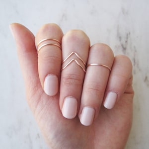 Rose Gold Knuckle Rings// Midi Ring, Stacking Ring, Band Style, Chevron, v shaped ring, Adjustable,Rose Gold Ring Wire Rings, Gift, Set of 5 image 1