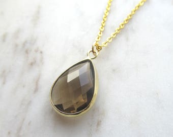 Smoky quartz necklace, faceted glass necklace, teardrop necklace, bezel necklace, gold plated smoky quartz necklace, dainty necklace