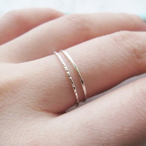 Thin silver rings, thin sterling silver rings//silver stacking ring, silver stack, hammered ring, lined ring, dainty, delicate, set of 2 image 1