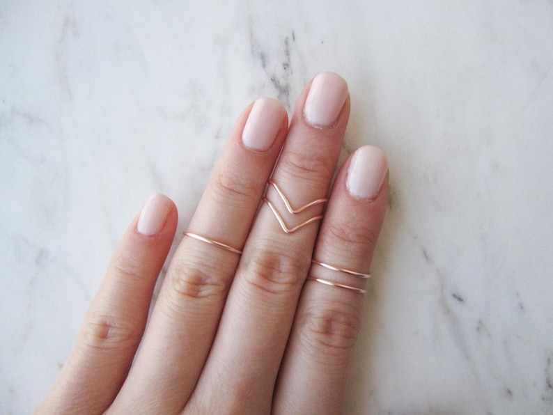 Rose Gold Knuckle Rings// Midi Ring, Stacking Ring, Band Style, Chevron, v shaped ring, Adjustable,Rose Gold Ring Wire Rings, Gift, Set of 5 image 2