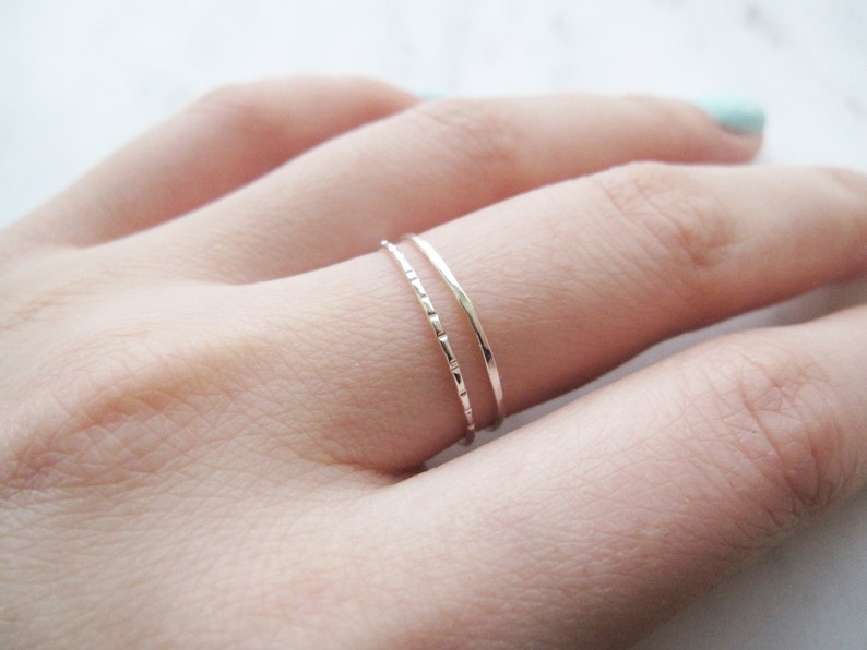 Thin silver rings, thin sterling silver rings//silver stacking ring, silver stack, hammered ring, lined ring, dainty, delicate, set of 2 image 1