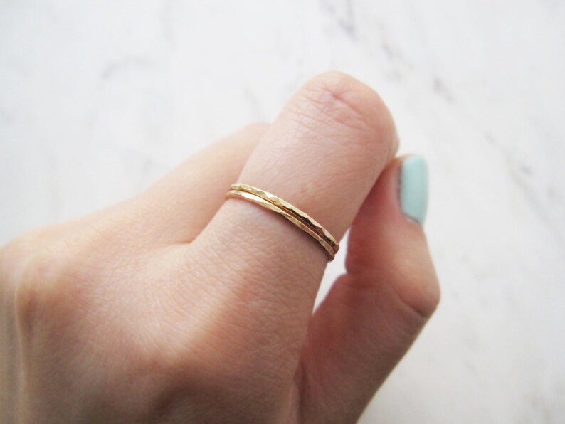 Thin gold ring, set of 2//14k gold fill ring, gold stacking rings, hammered gold ring, dainty gold ring, delicate gold ring, gold stack image 2