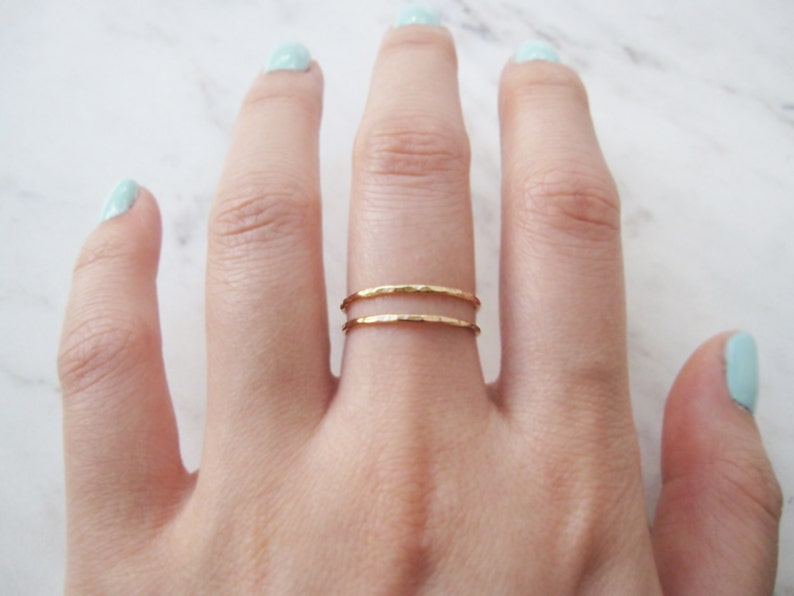 Thin gold ring, set of 2//14k gold fill ring, gold stacking rings, hammered gold ring, dainty gold ring, delicate gold ring, gold stack image 1