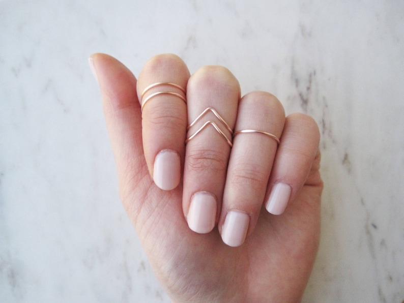 Rose Gold Knuckle Rings// Midi Ring, Stacking Ring, Band Style, Chevron, v shaped ring, Adjustable,Rose Gold Ring Wire Rings, Gift, Set of 5 image 1
