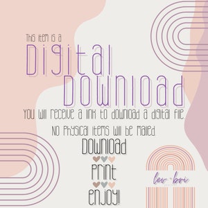 以下が含まれることがあります： 「This item is a Digital Download. You will receive a link to download a digital file. No physical items will be mailed. Download, Print, enjoy!」というテキストが書かれたデジタルダウンロードのグラフィック。ピンクとパープルのカラーパレットとレインボーアーチのデザインです。