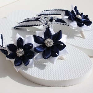 Blue and White Colored Rolled Flowers Flip Flops / Bridal Flip Flops / Wedding Flip Flops / Bridesmaid slippers - Size 6, 7, 8, 9,